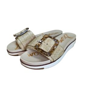 Sam Edelman Gold Woven Slide Sandals with Tortoiseshell Buckle